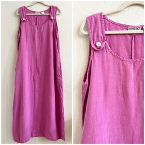 Vintage 100% Linen Maxi Jumper Overall Dress Sunbelt Magenta Pink Size L Teacher